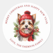 Waterverf Christmas Yorkie Dog Ronde Sticker (Voorkant)