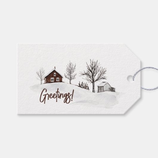 Waterverf ChristmasHouse Winter Scene Groeten Cadeaulabel (Voorkant (Horizontaal))