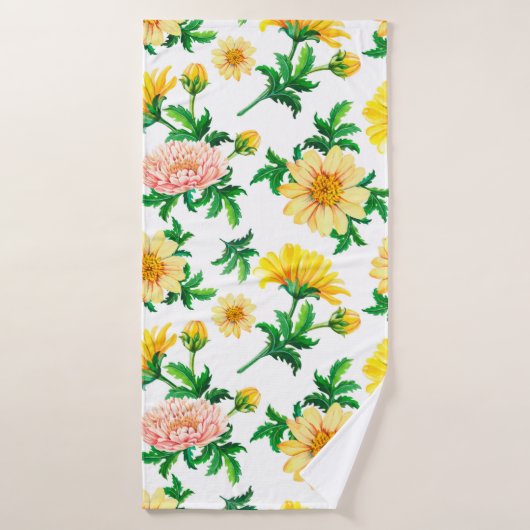 Waterverf chrysanten. Gele bloemen met gre Badhanddoek (Badhanddoek)