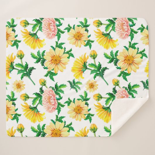 Waterverf chrysanten. Gele bloemen met gre Sherpa Deken (Voorkant (horizontaal))