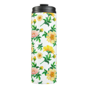 Waterverf chrysanten. Gele bloemen met gre Thermosbeker