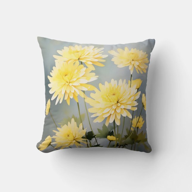 Waterverf chrysanten op lichtgele weide kussen (Voorkant)