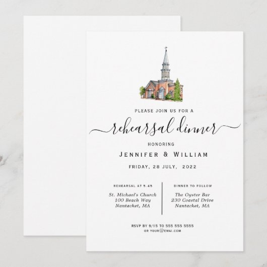 Waterverf Church Wedding Rehearsal Dinner Aankondiging (Voorkant / Achterkant)