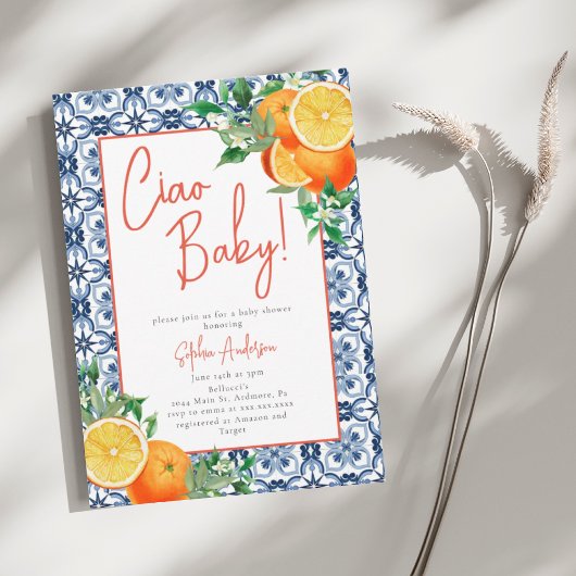 Waterverf Ciao, Baby! Oranje Baby shower Kaart