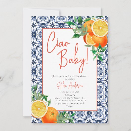 Waterverf Ciao, Baby! Oranje Baby shower Kaart (Voorkant)