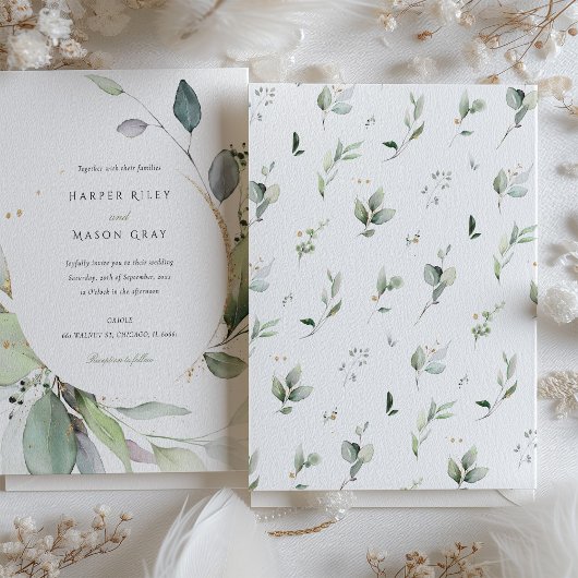 Waterverf Circle Groen Goud Bladgroen Bruiloft Kaart