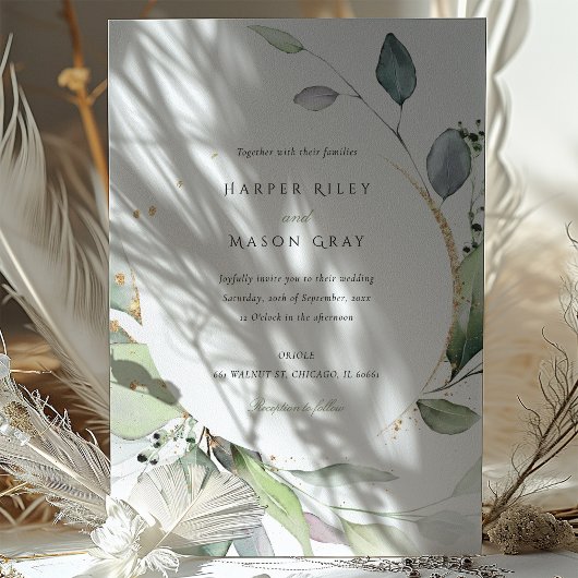 Waterverf Circle Groen Goud Bladgroen Bruiloft Kaart