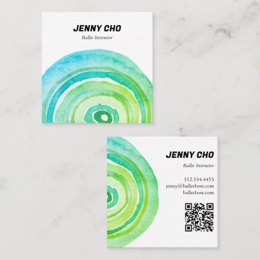 Waterverf Circles Ring Minimalistische Groene QR C Vierkante Visitekaartje (Voorkant / Achterkant)