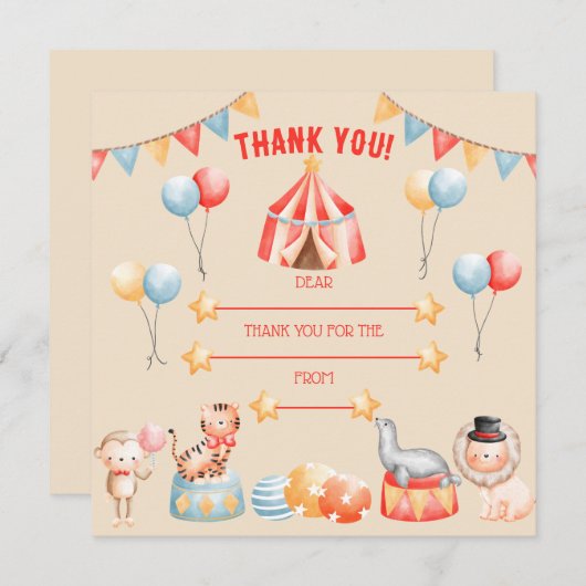 Waterverf Circus Birthday Hartelijk dank Bedankkaart (Voorkant / Achterkant)