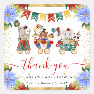 Waterverf Circus Dieren Trein Bloemige Baby Shower Vierkante Sticker