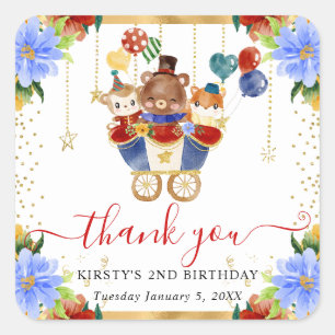 Waterverf Circus Dieren Trein Bloemige Verjaardag Vierkante Sticker