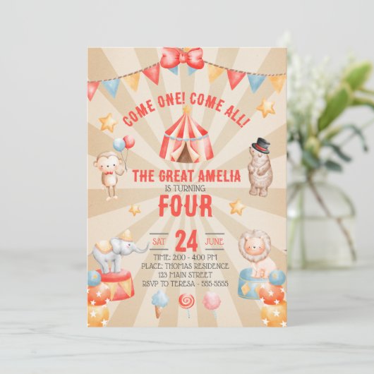 Waterverf Circus Dieren Verjaardagsfeestje  Kaart (Staand voorkant)