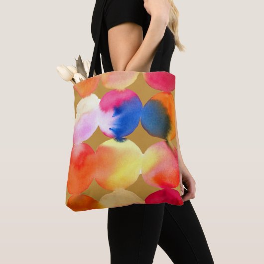 Waterverf cirkelpatroon abstracte warme kleur tote bag (Dichtbij)