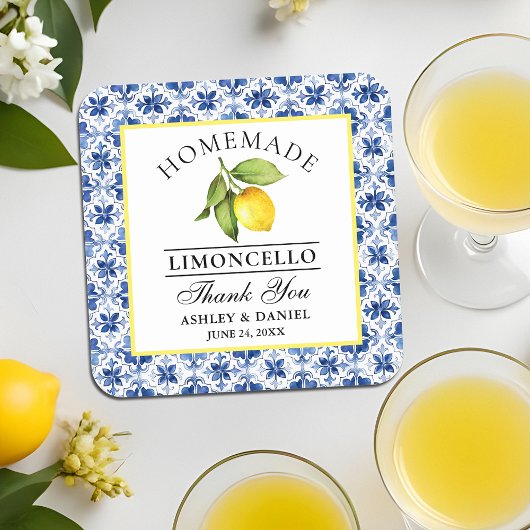Waterverf Citroen Blauwe Tegel Limoncello Bruiloft Kartonnen Onderzetters