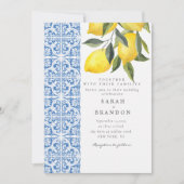 Waterverf Citroen Blauwe tegel Mediterrane Bruilof Kaart (Voorkant)