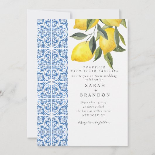 Waterverf Citroen Blauwe tegel Mediterrane Bruilof Kaart (Voorkant)
