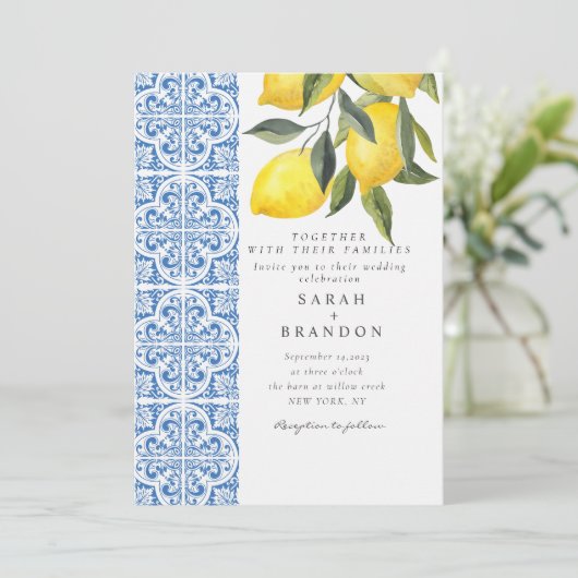 Waterverf Citroen Blauwe tegel Mediterrane Bruilof Kaart (Staand voorkant)