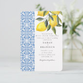 Waterverf Citroen Blauwe tegel Mediterrane Bruilof Kaart (Staand voorkant)
