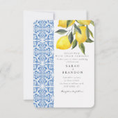 Waterverf Citroen Blauwe tegel Mediterrane Bruilof Kaart (Voorkant)