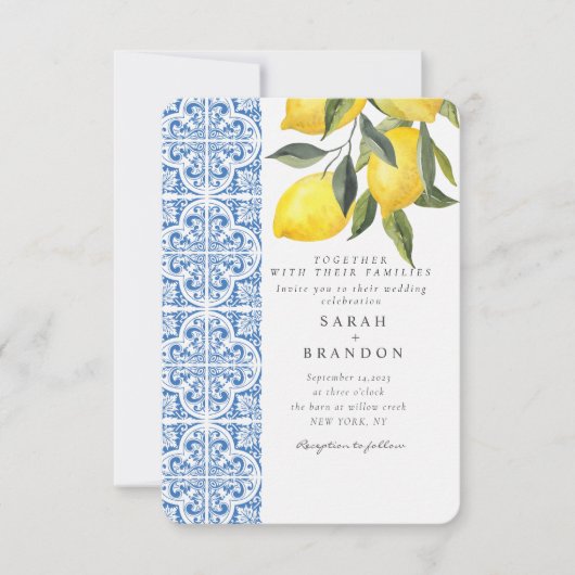 Waterverf Citroen Blauwe tegel Mediterrane Bruilof Kaart (Voorkant)