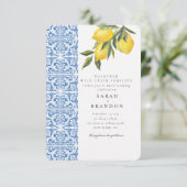 Waterverf Citroen Blauwe tegel Mediterrane Bruilof Kaart (Staand voorkant)