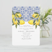 Waterverf Citroen Blauwe tegel Mediterrane Bruilof Kaart (Staand voorkant)