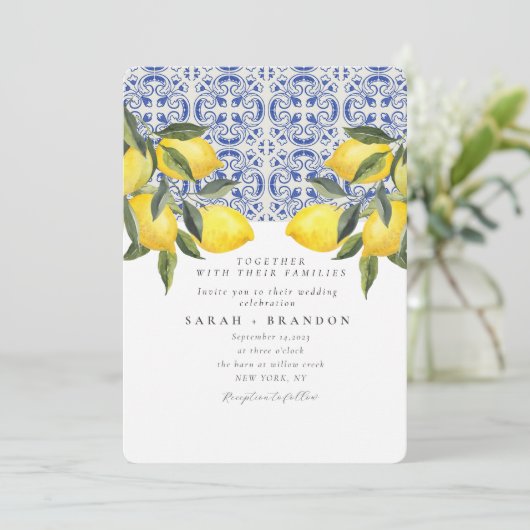 Waterverf Citroen Blauwe tegel Mediterrane Bruilof Kaart (Staand voorkant)