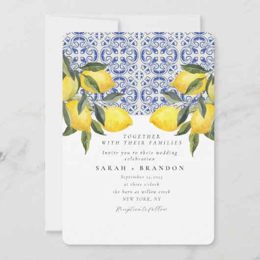 Waterverf Citroen Blauwe tegel Mediterrane Bruilof Kaart (Voorkant)