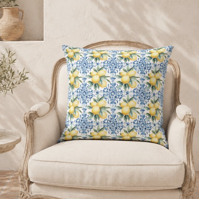 Waterverf Citroen Blauwe Worp Kussen (elegant mediterranean lemon french provincial blue yellow throw pillow)