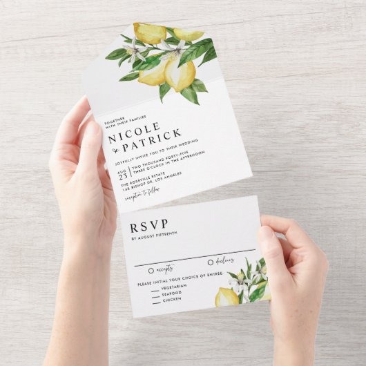 Waterverf citroen bloesems zomer bruiloft all in one uitnodiging (Afscheurbaar)