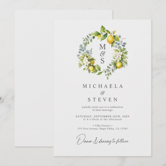 Waterverf citroen botanische krans bruiloft kaart (Voorkant / Achterkant)