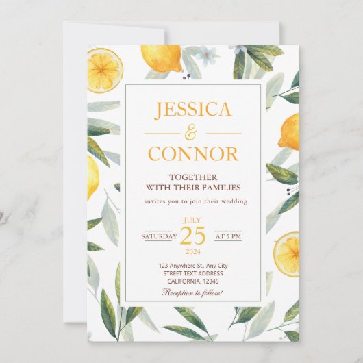 Waterverf Citroen Citrus Floral Modern Bruiloft Kaart (Voorkant)