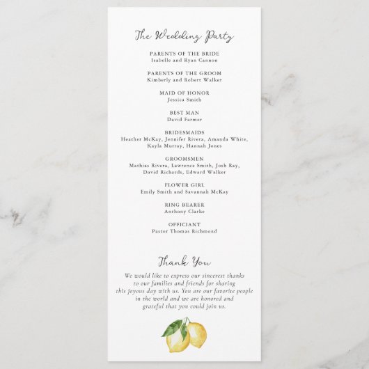 Waterverf Citroen Citrus Groen Bloem Bruiloft Programmakaart (Achterkant)