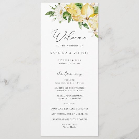 Waterverf Citroen Citrus groen bloemenbruiloft Programmakaart (Voorkant)