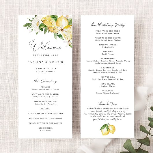 Waterverf Citroen Citrus groen bloemenbruiloft Programmakaart