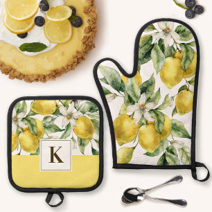 Waterverf Citroen Citrus met Monogram Initiaal Ovenwant & Pannenlap Set