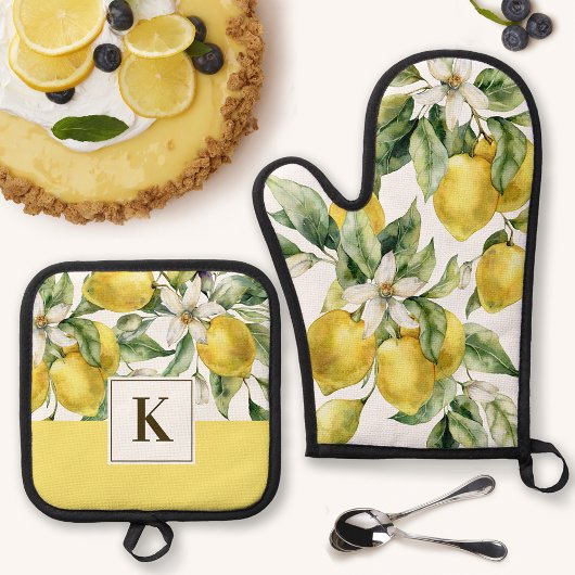 Waterverf Citroen Citrus met Monogram Initiaal Ovenwant & Pannenlap Set