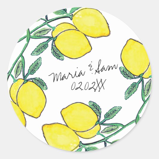 Waterverf Citroen Citrus Script Bruiloft Ronde Sticker (Voorkant)