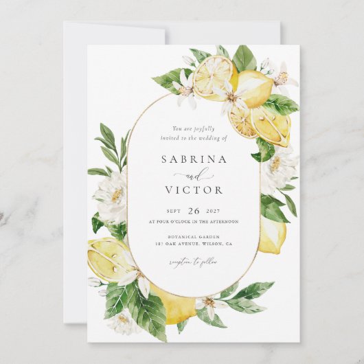 Waterverf Citroen Citrusgroen Witte Bloemen Kaart (Voorkant)