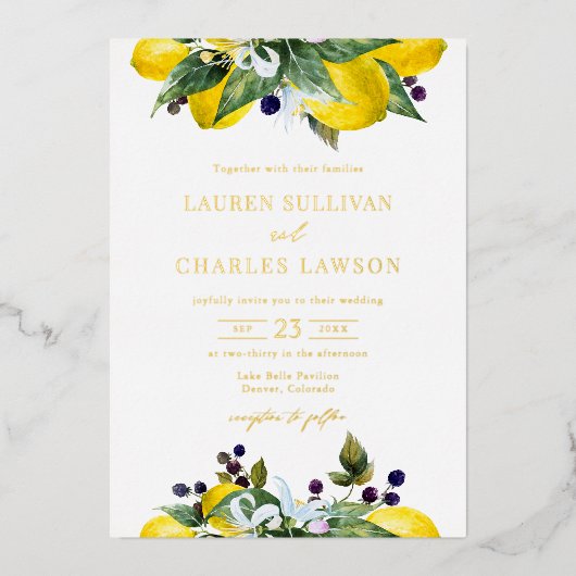 Waterverf Citroen en Blackberry Zomer Bruiloft Folie Uitnodiging (Voorkant)
