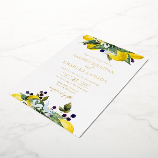 Waterverf Citroen en Blackberry Zomer Bruiloft Folie Uitnodiging (Gedraaid)