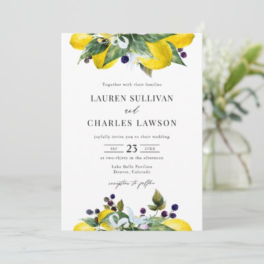Waterverf Citroen en Blackberry Zomer Bruiloft Kaart (Staand voorkant)