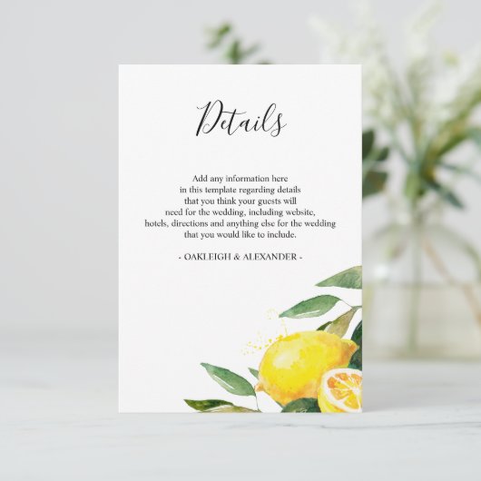 Waterverf citroen en bladeren bruiloft details informatiekaartje (Staand voorkant)