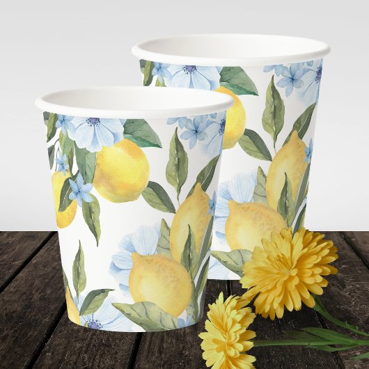 Waterverf citroen en blauwe bloem papieren bekers