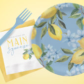 Waterverf citroen en bloem in het blauw papieren bordje