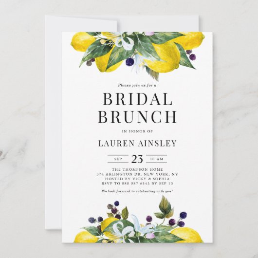 Waterverf Citroen en Braambes Bruidsbrunch Kaart (Voorkant)