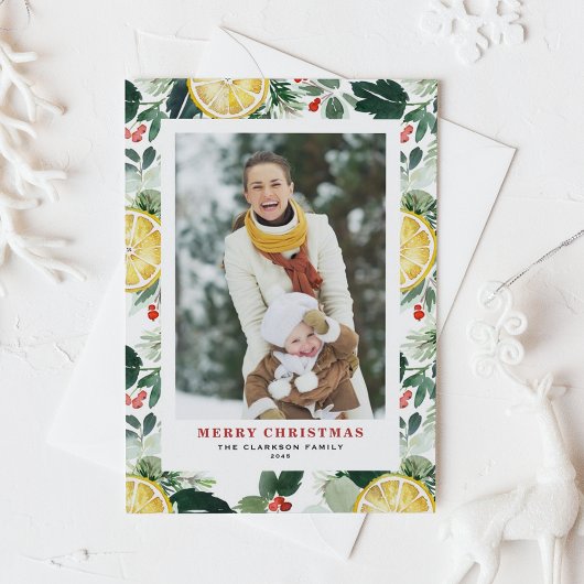 Waterverf citroen en groen Foto kerst Feestdagenkaart