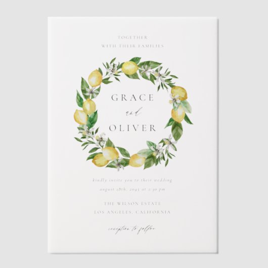 Waterverf citroen en groen krans bruiloft vellum uitnodigingen (Voorkant)