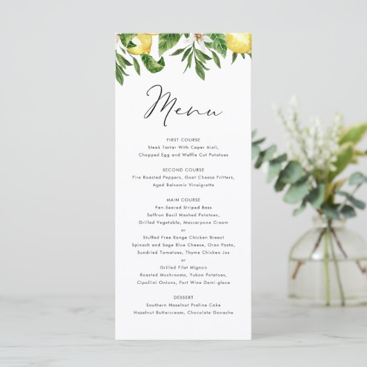Waterverf Citroen en groen Zomer Bruiloft Menu (Staand voorkant)