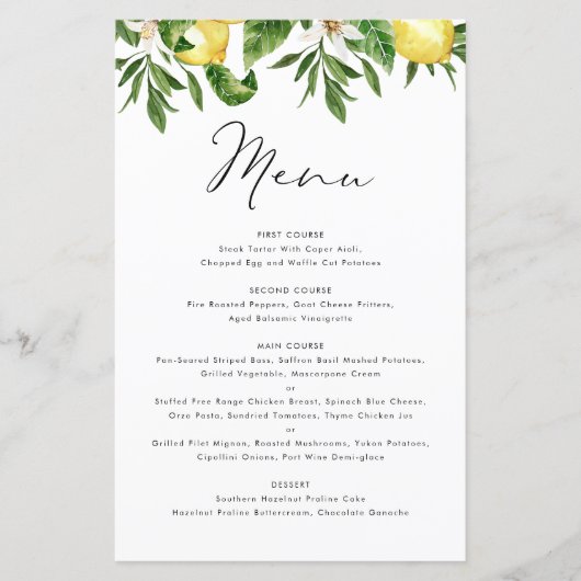 Waterverf Citroen en groen Zomer Menu Kaart (Voorkant)